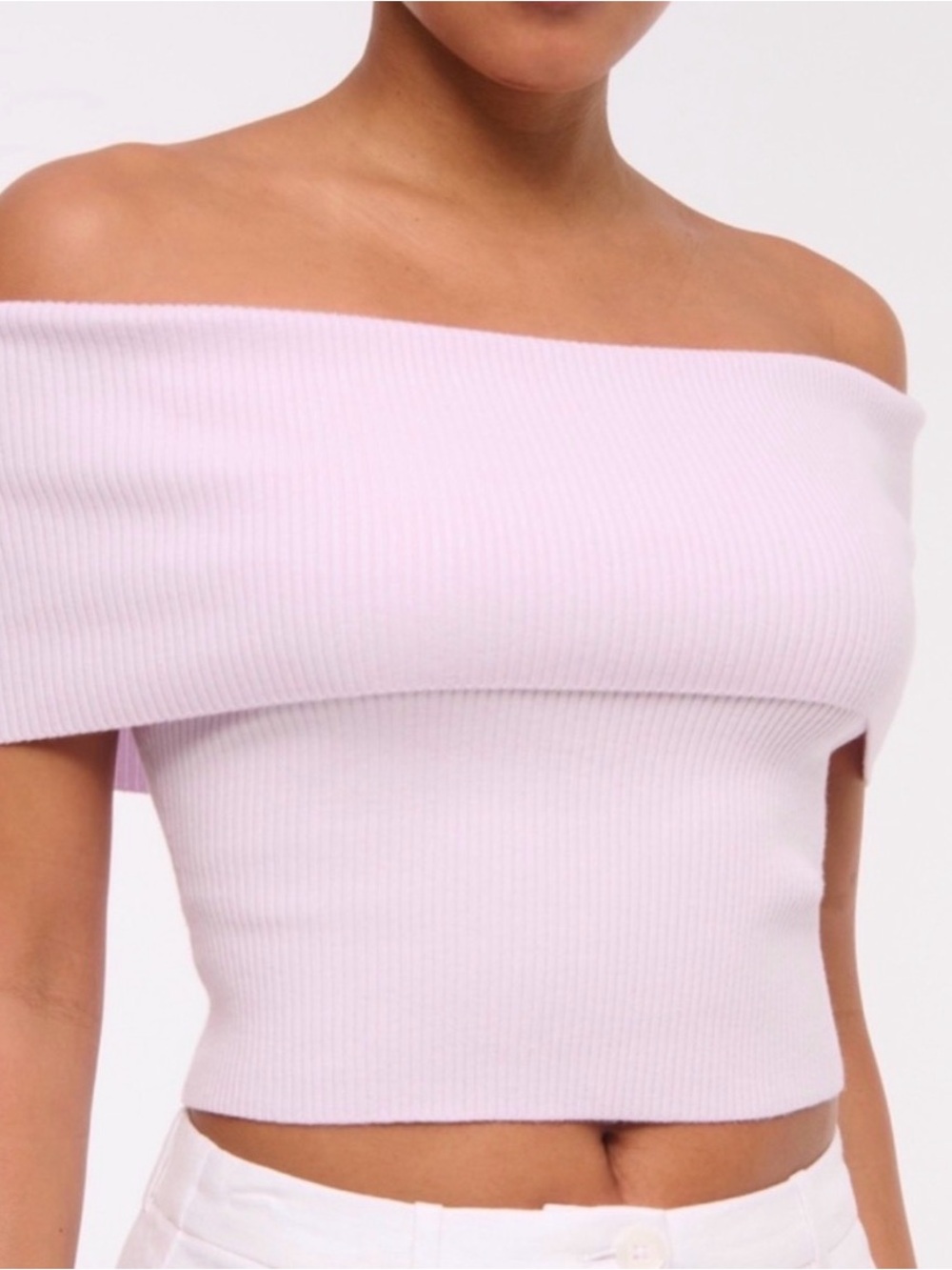 Abercrombie and Fitch Off-Shoulder Ribbed Crop Top in Light Pink